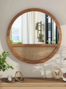 Mirror 75cm diameter wooden frame with with a rattan detail Beautiful handcrafted home accessory adding warmth and texture to any space