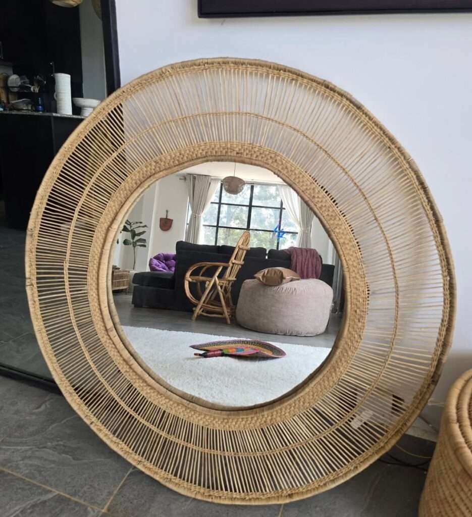 African decorative wall mirror designed for stylish interior reflections 100cm cane mirror Beautiful handcrafted home accessory adding warmth and texture to any space