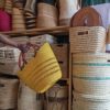 Yellow bolga tote bag with brown leather handles Premium artisan décor accessory for stylish homes, Airbnbs, and boutique hotels