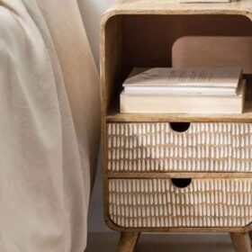 pair stylish bedside tables Elegant boho-inspired interior styling piece crafted for contemporary décor setups